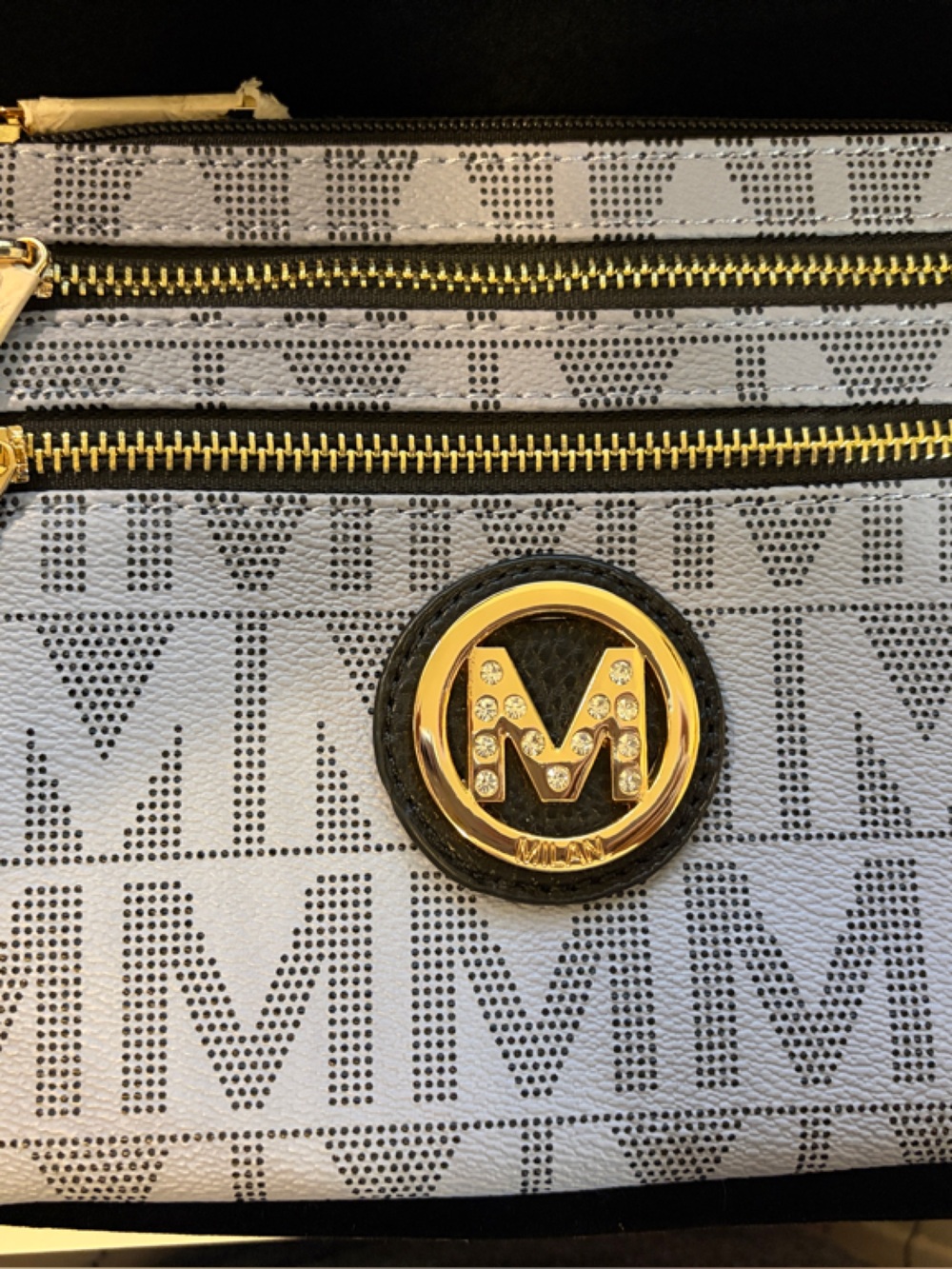 New Milan Monogram MIA Light Gray/Blue Clutch with Gold Emblem and Wristlet.